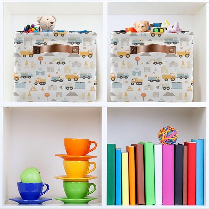 Wamika Excavator Truck Storage Basket Fabric Kitchen Baskets Cars Boys Open Home Storage Bins Boxes Foldable Organizer Bag for Baby Cloth Book Shelf Closet Baskets 16×12×8 Inches