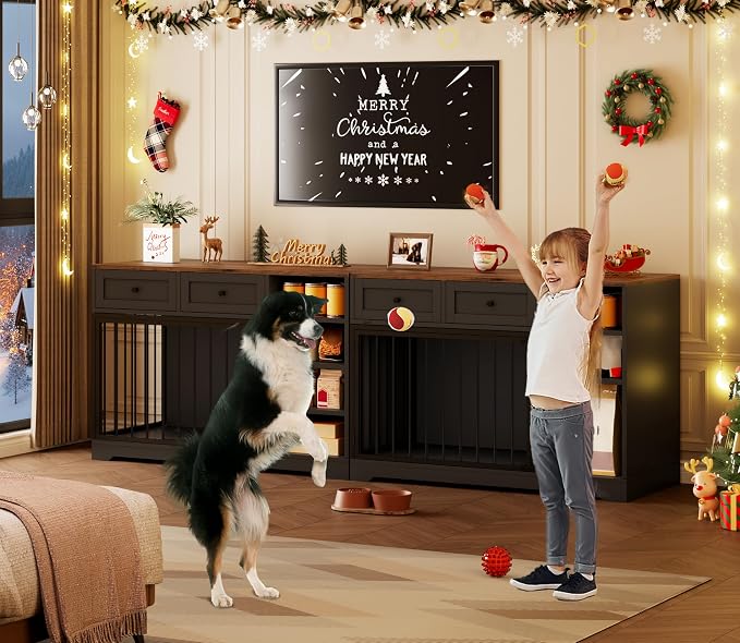 GarveeHome 47" Medium Dog Crate Furniture with Storage, Black | Dog Crate TV Stand with 2 Drawers and 4 Open Shelves, Wooden Decorative Dog Kennel Indoor