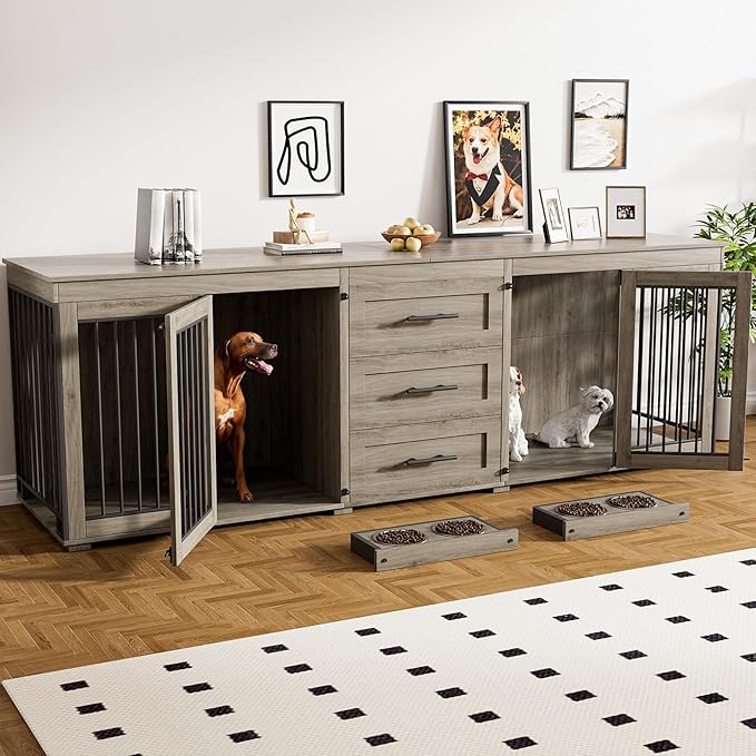 Rophefx 94.5" Dog Crate Furniture for 2 Dogs, Wooden Kennel TV Stand,Grey | Indoor double dog house with 3 storage drawers, 4 feeding bowls, lockable doors, and a wide top for large and medium dogs