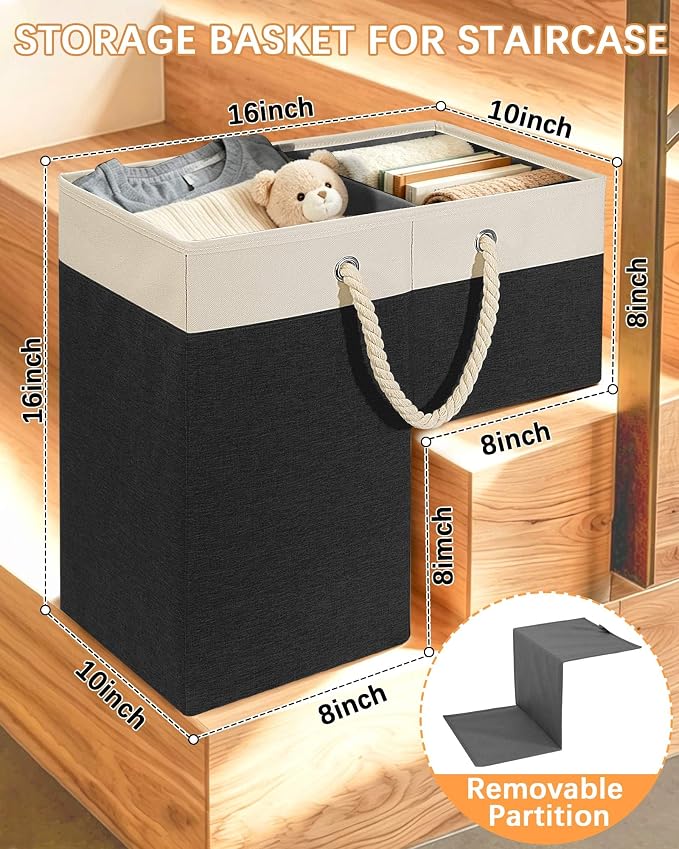 LHZ.K Stair Basket with Removable Divider & Sturdy Handles,1pcs, Black | 16" Rigid Foldable Stair Storage Basket for Carpeted & Wooden Stairs, Large Capacity for Laundry, Toy, Pet Supplies & Clutter