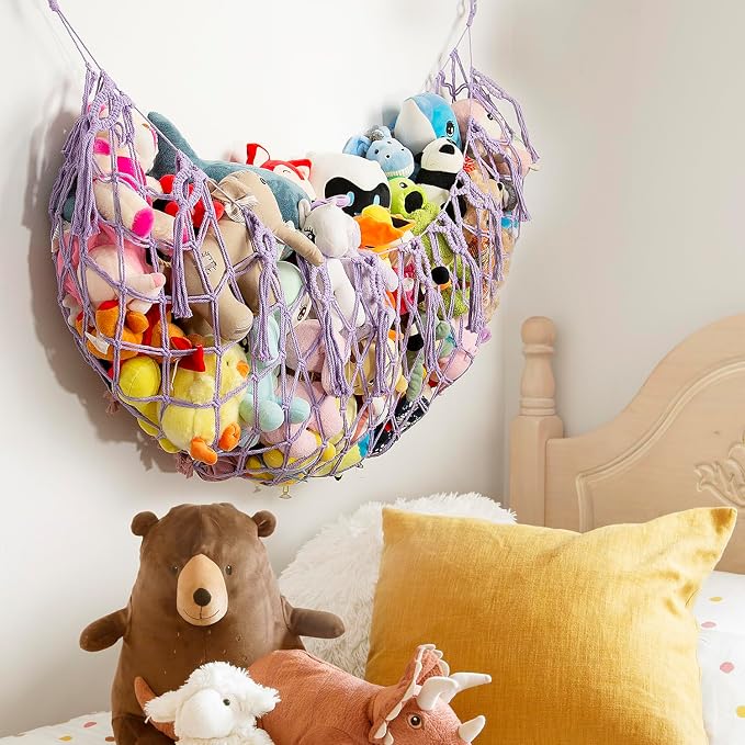 Stuffed Animal Net or Hammock -Wall Mounted-Handmade Macrame Toy Hammock Organizer Stuffed Animal Display Plush Toys Holder Boho Decor for Nursery Playroom Purple