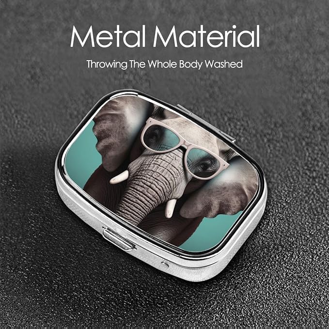 Square Pill Box Elephant with Glasses Pill Case for Purse & Pocket 3 Compartment Pill Organizer Portable Travel Pillbox Medicine Pill Holder Container for Daily Vitamin Cod Liver Oil Storage