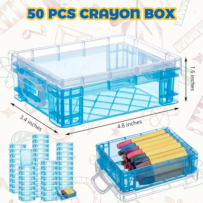 Suzile 50 Pcs Plastic Crayon Box with Lid 4.8 x 3.4 x 1.6, Blue | Small Crayon Storage Containers Bulk, for Office School Classroom, Art Crafts Pen Pencil Organizers, Back to School Supplies