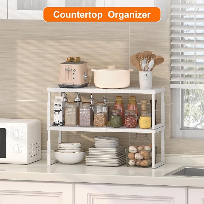 RUILALIFE Expandable-Stackable-Shelf-Organizer-For-Cabinet Pantry Closet,Kitchen Counter Shelf With Adjustable Height, Metal Storage Shelf Riser Spice Rack For Cupboard Countertop