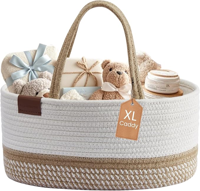 DECOMOMO XL Baby Caddy Organizer, Extra Large Diaper Caddy Basket | Baby Baskets for Baby Shower Gifts (Spiral Beige & White)