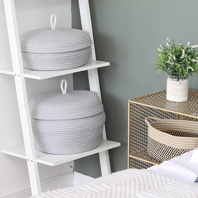 Sea Team Round Woven Cotton Rope Storage Basket with Lid, Gray | Lidded Knitted Decorative Storage Bin, Pot, Caddy, Organizer, Container for Snacks, Towels, Plants, 13 x 5.5 Inches