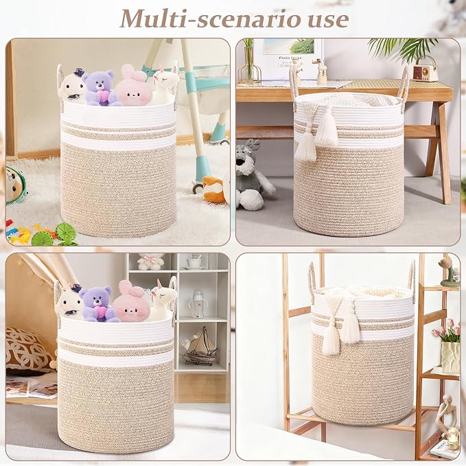 Laundry Hamper for Organizing, 52L Large Laundry Baskets, Cotton Rope Woven Blanket Basket, Collapsible Laundry Hamper for Living Room, Nursery, 15"×18", Jute