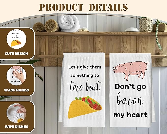 Kitchen Towels Set of 2, Tacos and Pig Dish Towel for Kitchen, Decorative Hand Towels for Bathroom, Fast Drying Tea Towel with Funny Sayings, Housewarming Xmas Gifts for Women Mom -B16