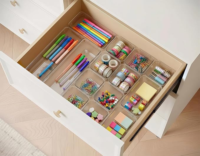 DCA 14 PCS Clear Drawer Organizer, Vanity Organizer Storage Trays | Makeup & Bathroom Organizer | Vanity Drawer Insert | 4 Sizes | Easy to Clean