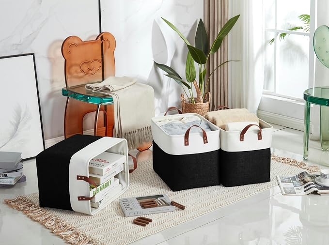 DECOMOMO Fabric Storage Bins, Extra Large Storage Baskets with Handles | 3 Pack Storage Baskets for Shelves, Laundry, Toys, Nursery (Black & White)