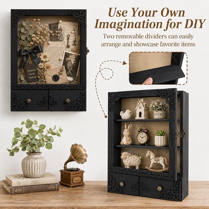 11x16 Pet Memorial Shadow Box Frame with Shelves, Black