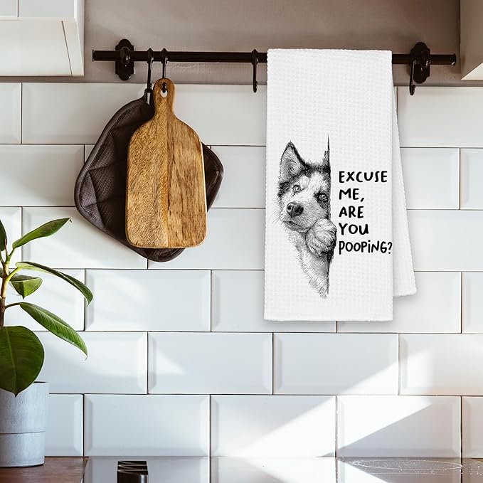Funny Dog Husky Bathroom Towels, Cute Rustic Hand Kitchen Towels Gifts for Dog Lovers, are You Pooping Bar Dish Towel Decor for Dorm Bar Cafe 16x24in