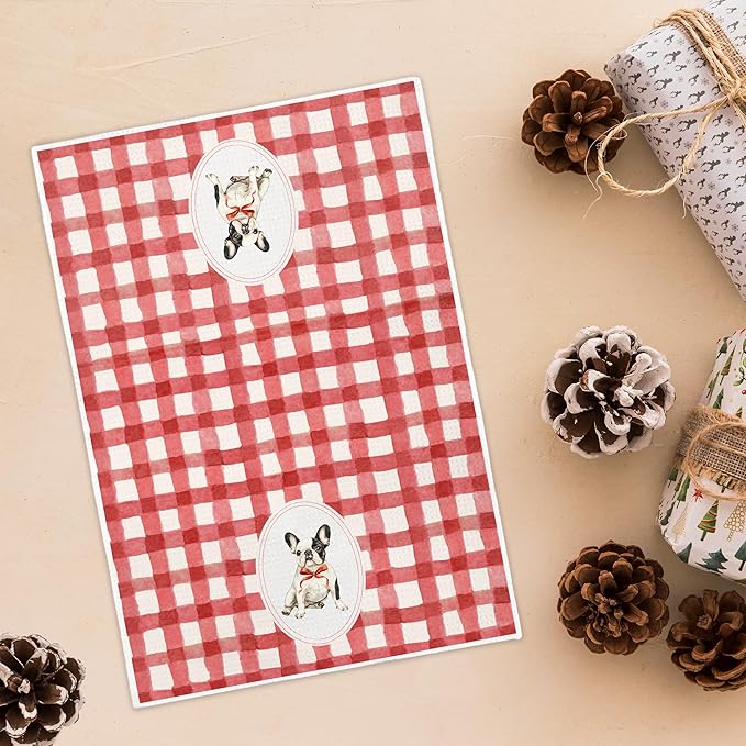 Red Plaid French Bulldog Kitchen Towels 16x24 Inch, French Bulldog Gifts Decorative Hand Towels for Bathroom, Red Checkered Frenchie Dog Dish Tea Towel Drying Cloth