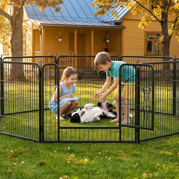 Metal Dog Playpen - 32" Height 8 Panels Foldable Exercise Pen for Dogs Indoor/Outdoor Pen with Door for Pet Animals Portable Pet Playpen Polygon Dog Enclosure (Black)