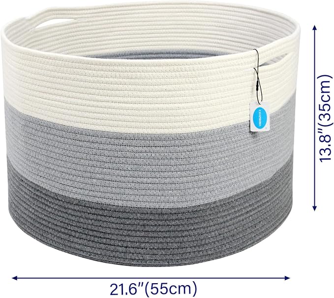Casaphoria XXXLarge Cotton Rope Basket for Living Room - Woven Storage Basket with Handle for Blankets, Towels and Pillows Laundry Hamper | Light Gray (22" x 22" x 14")