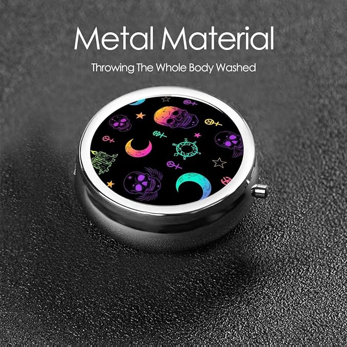 Travel Pill Case, Round Metal Organizer, Small Dispenser for Supplements, Pocket Purse Holder for Outdoor Adventures, Witch Frogs Goth Moon Skull Mushroom