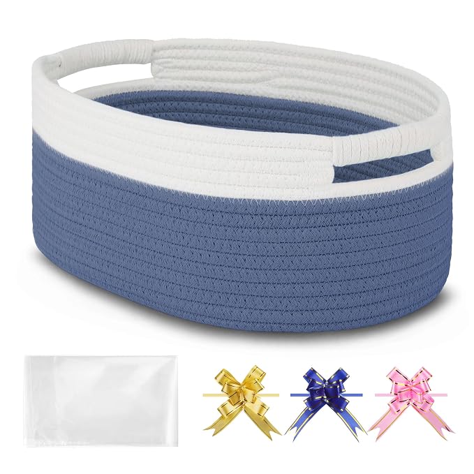 Small Woven Gift Basket with Bag & Ribbons, Folkstone Gray | Cotton Rope, 13”x 9”x 5.5”, Fits for Kids, Women & Men, Bedroom, Living Room, Nursery & Bathroom Storage, Cat & Dog Toy Boxes