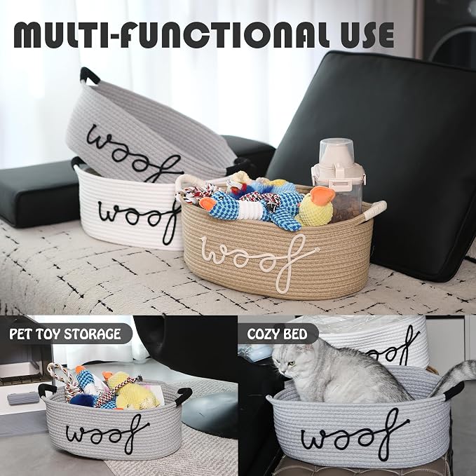 Sea Team Dog Toy Storage Basket with Handles, Gray Woof | Large Cotton Rope Storage Bin, Shelf Basket, Organizer for Pet Chew Toys, Foods, 16.5 x 11 x 7 Inches, 4.4 Gallons