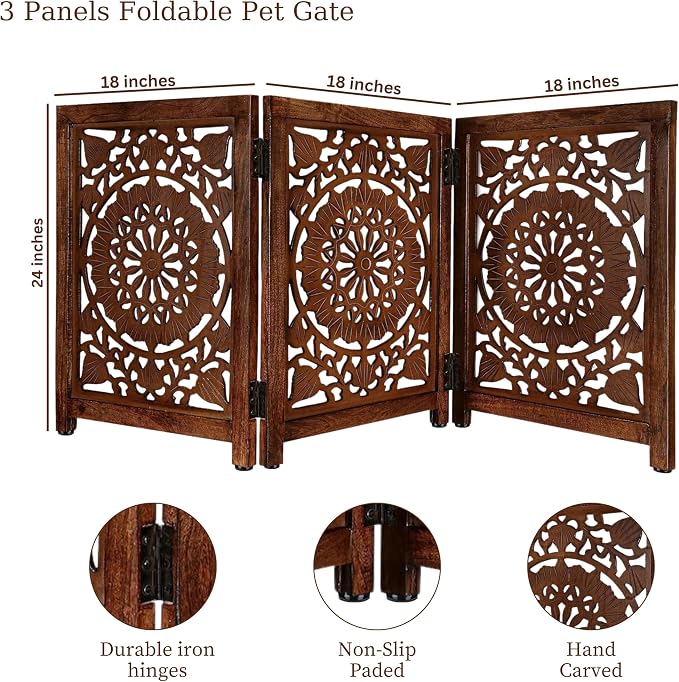 Lightnpro 3‑Panel Wooden Pet Gate – Decorative Carved Foldable Dog Gate, Extra‑Wide Freestanding Indoor Safety Fence for Small Dogs – 24x54 Inch Natural Burnt Finish