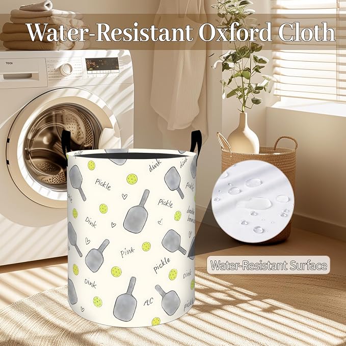 Pickleball Laundry Basket, Paddle Ball Print Foldable Oxford Cloth, Waterproof Dirty Clothes Hamper with Handles, Clothing Storage Bin Toy Organizer for Bedroom Dorm Bathroom, 19.7"x15.7"