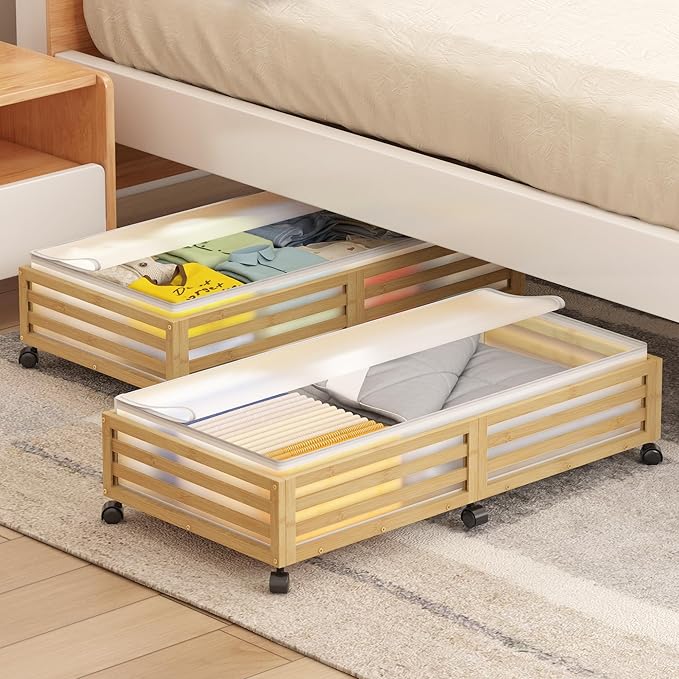 Under Bed Storage with Wheels, 2 Pack Bamboo Drawers for Shoes and Clothes | Fitted dustproof bags, stackable design, smooth pullout access for bedding, blankets, toys and seasonal essentials