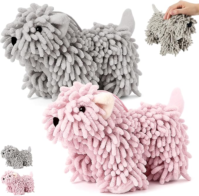 Tegeme 2 Pcs Chenille Dog Hand Towel Fuzzy Dog Towel Absorbent Microfiber Soft for Bathroom Kitchen Washstand (Grey Pink)