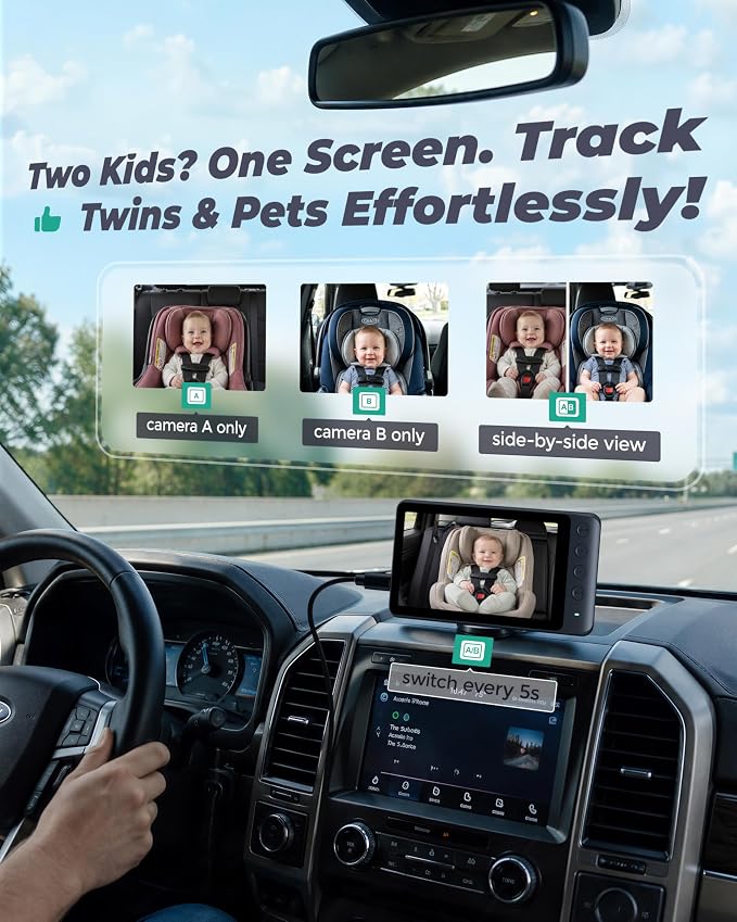 Magnetic Double Car Camera for 2 Baby with 5" 1080P IPS Monitor