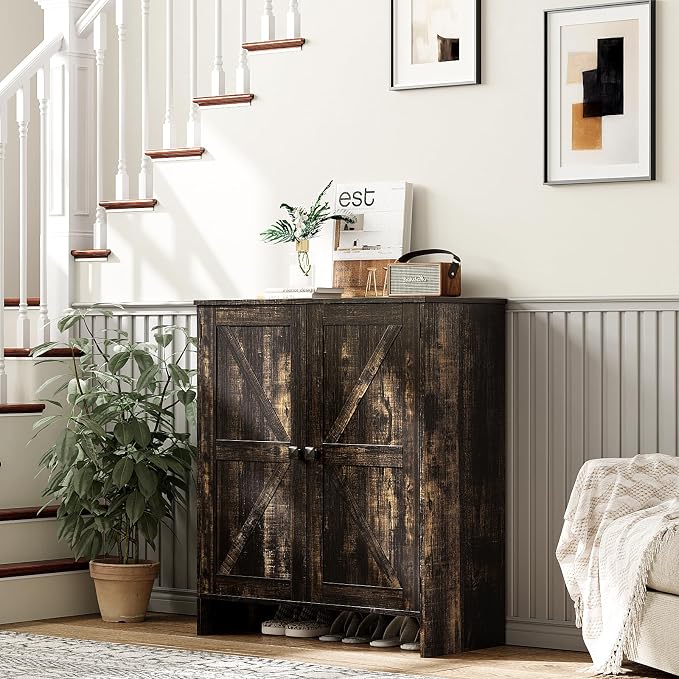 VINGLI Shoe Cabinet with Doors,5 Tier Dark Rustic Oak Wooden Shoe Storage Cabinet for Entryway with Double Barn Doors, Adjustable Shelves, 36.4" Tall Farmhouse Shoe Rack Organizer for Entryway