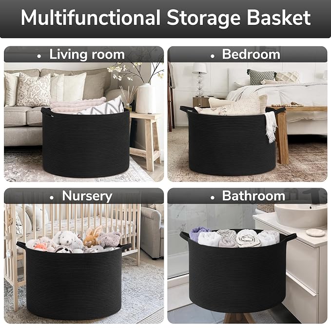 Goodpick Extra Large Woven Dirty Clothes Basket for Nursery, 115L | 23.5 x 23.5 x 15.8 In Storage Basket for Nursery, Blanket Basket for Towels Clothes, Balck