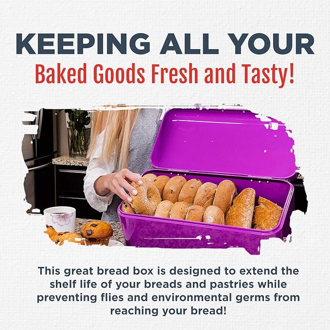 Culinary Couture Extra Large Purple Bread Box for Kitchen Countertop - Holds 2 Bread Loaves! - 16.5" x 9" x 6.5" - Stainless Steel Vintage Bread Boxes for Kitchen Counters - Bonus Recipe Ebook