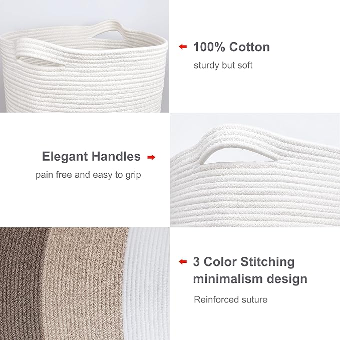 Cotton Rope Blanket Basket, 72L Laundry Hamper, White & Ombre Brown
