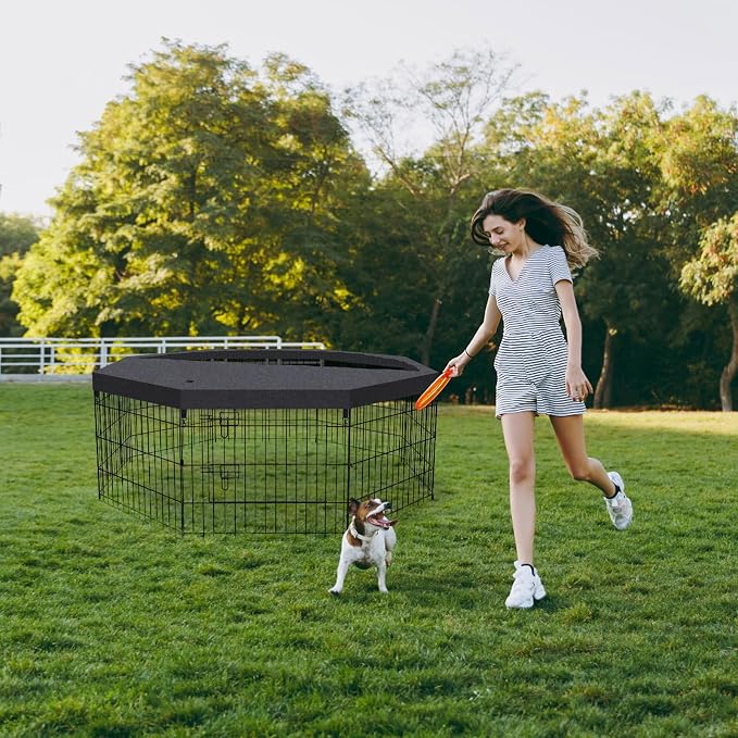 Peekaboo DogPlaypen 24 in-8 Panel Metal Rustproof Pet Fence with Top Cover | 24 Inch 8 Panel Foldable Rustproof Black Metal Dog Playpen with Octagonal Top Cover