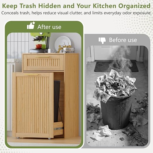 Single 13 Gallon Pull Out Trash Can Cabinet with Drawer, Garbage Cabinet | Pet Proof Hidden Trash Storage, Fluted Farmhouse Design, Space-Saving Kitchen Organizer, Dining Room Storage,Natural Oak
