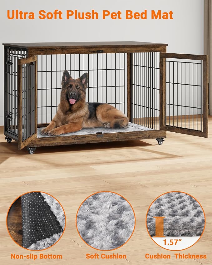 YaFiti Dog Crate Furniture, 44" Wooden Dog Kennel, 2 Pack, Rustic Brown | Cushion, Wheels, Double Doors, for Large Dogs, Up to 85 lb, Furniture Style, Side End Table, Decorative Pet Cage House