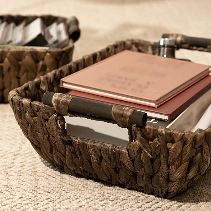 StorageWorks Wicker Storage Basket, Organizing Baskets for Shelf, Brown | Wicker Storage Baskets for Shelves, Baskets with Wooden Handles, 2-Pack Gifts Basket for Home Decor, Hand-Woven Basket