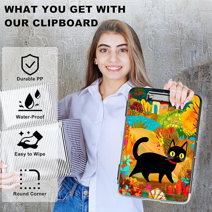 Black Cat in Autumn A4 Clipboard with Storage Pen Holder, Clipboards Organizer Nursing Clipboard Foldable File Folder Plastic Clipboard Folio Clip Board for Office Students Classroom Doctor