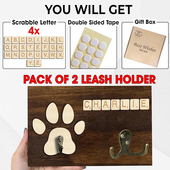 2 Pack Dog Leash Holder Wall Mount, Pet Harness Hanger with Scrabble Letters, Dog Collar Organizer for Entryway, Cat Leash Holder for Wall, Pet Loss Gifts, Keepsake, Home Decor PF218-CBW