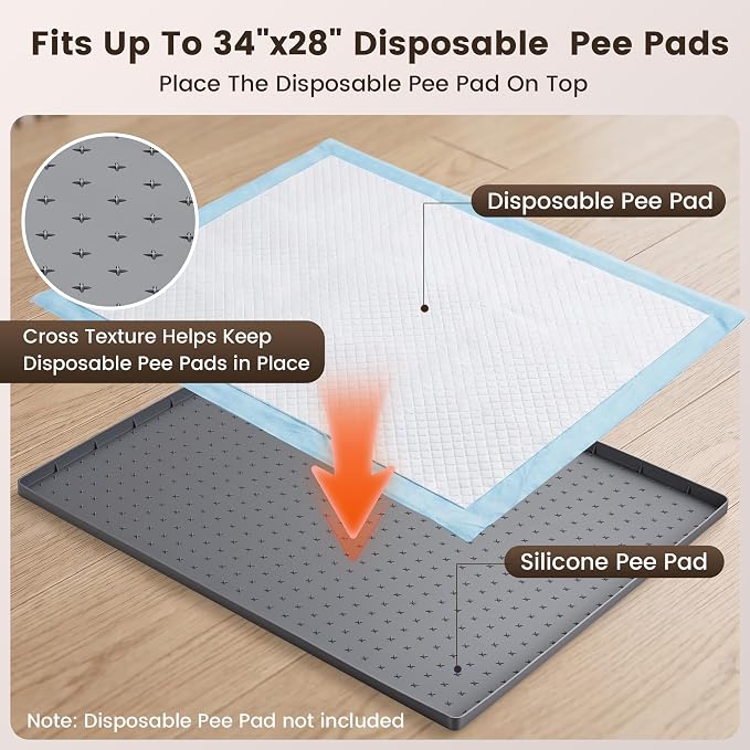 Dog Pee Pad Holder & Cat Litter Mat, L 34'' × 28'', Waterproof Floor Silicone Mat for Pets, Easy to Clean, Soft on Paws (Dark Grey)