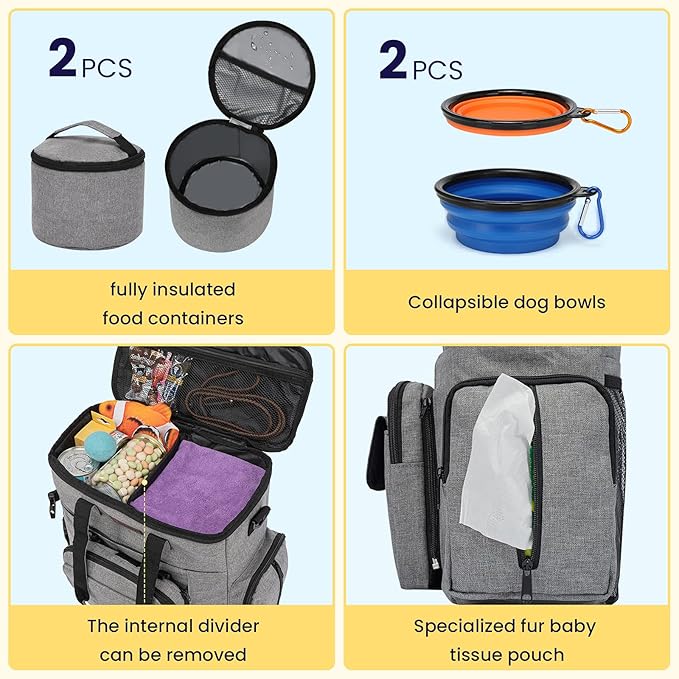 Modoker Dog Travel Organizer with 2 Collapsible Bowls for Supplies & Accessories, Airline Approved Dog Tote Pet Travel Bag with 2 Travel Food Container | Dog travel accessories set with feeding supplies, bowls, mat, and strap. Ideal for weekend trips.