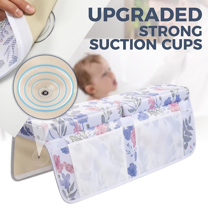 Bath Kneeler and Elbow Rest Pad Set, 1.5” Thick Bathtub Kneeling Mat | Cozy Memory Foam, Non-Slip 6 Suction Cups and 4 Toys Organizer Pockets, Quick-Dry Bath Kneeling Pad for Babies Toddlers