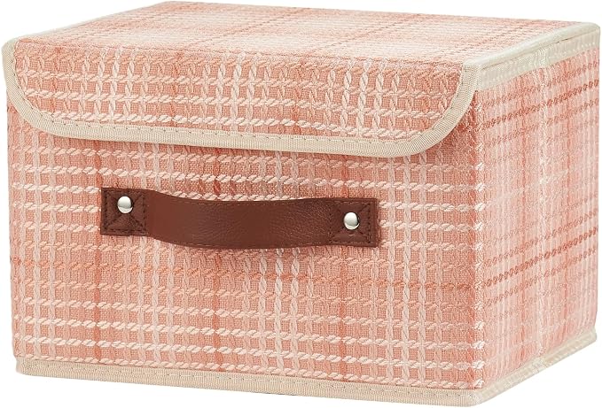 Storage Boxes with Lids Decorative Fabric Bins Baskets Container | Clothes Organizer for Closet Shelf, Collapsible Washable, w/ Faux Leather Handles, Light Salmon (3D Textured), Small