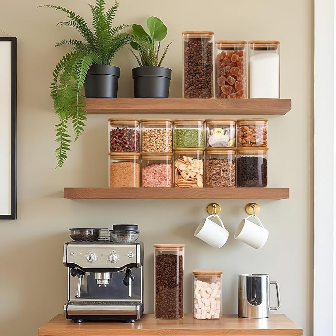 Glass Pantry Storage Containers with Lids 0.6/1.2/1.9 Qt 6 Pack | Pantry Organization, Square Stackable Design, Flour Sugar Coffee Beans Pasta Cereal Dry Food Storage,Kitchen Organizer