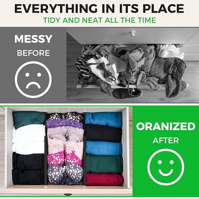 4 Pack Bamboo Drawer Dividers Organizer with Inserts 2.6'' High | Expandable from 12.5-21.7", Adjustable Drawer Organizer Separators for Utensils, Clothing, Office, Dresser, Bedroom, (Black)