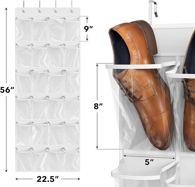 Simple Houseware 24 Pockets Large Clear Over the Door Shoe Organizer, White | 56" x 22.5", 4 Durable Metal Hooks, 5" x 9" Pocket Size, Multipurpose