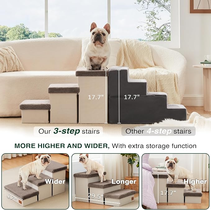 Love's cabin Dog Stairs for High Bed, Foldable Pet Stairs for Small Medium or Large Dogs Puppy with Storage for Bed or Couch, Cat Dog Steps Ramp with Zip up to 200 lbs, Brown, 3 Steps