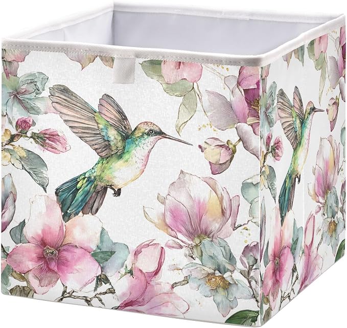 Hummingbird Cube Storage Bins Watercolor Floral Collapsible | Fabric Storage Baskets Large Clothes Organizer Box for Bedroom Living Room Study Room 11×11×11 In