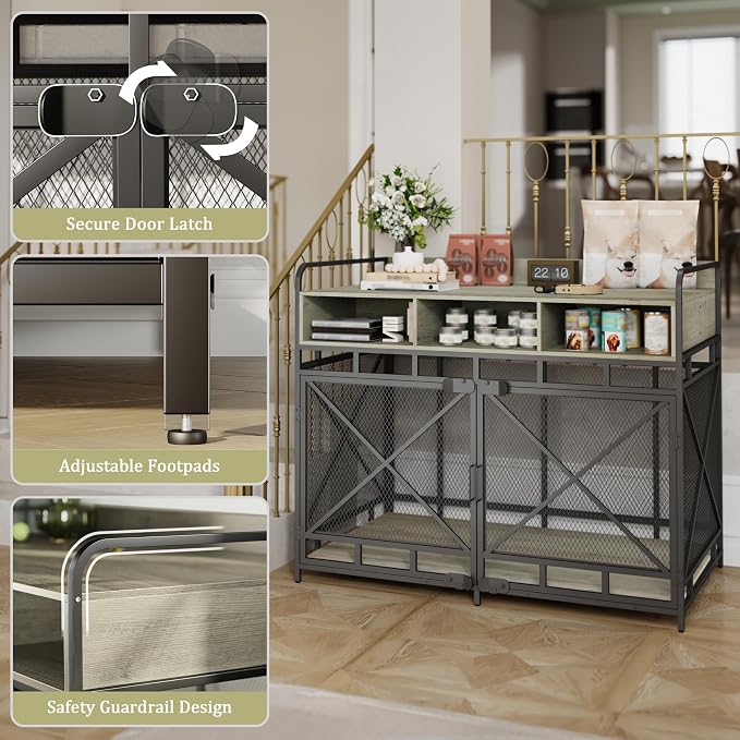 Fulhope Dog Crate Furniture, 48" Heavy Duty Wooden Dog Crate End Table, XL Dog Kennel Furniture Large Breed, Decorative Dog Kennel Indoor with 3 Drawers & Steel Tubes 48" L x28 W x38 H (Grey)