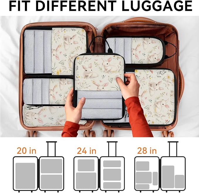 Floral Bunny 6 Set Compression Packing Cubes | Easter Rabbit Travel Accessories Expandable Packing Organizers Space Saver Bags for Organizing Clothes