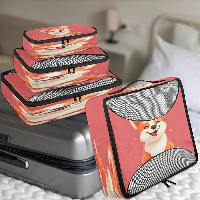 4 Set Packing Cubes for Travel, Animal Corgi Packing Cubes for Women, Travel Luggage Packing Organizers, Packing Cube Set, Cute Corgi Heart
