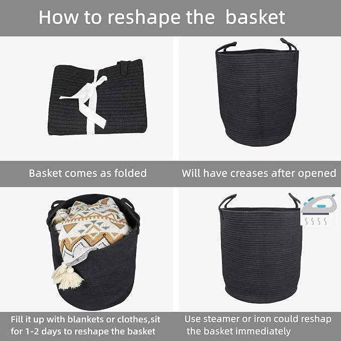 Woven Cotton Rope Laundry Basket Hamper 16" x 22" Large Black | Rope storage basket for dirty clothes, toys and blankets. Perfect for bathroom, baby nursery and living room storage.